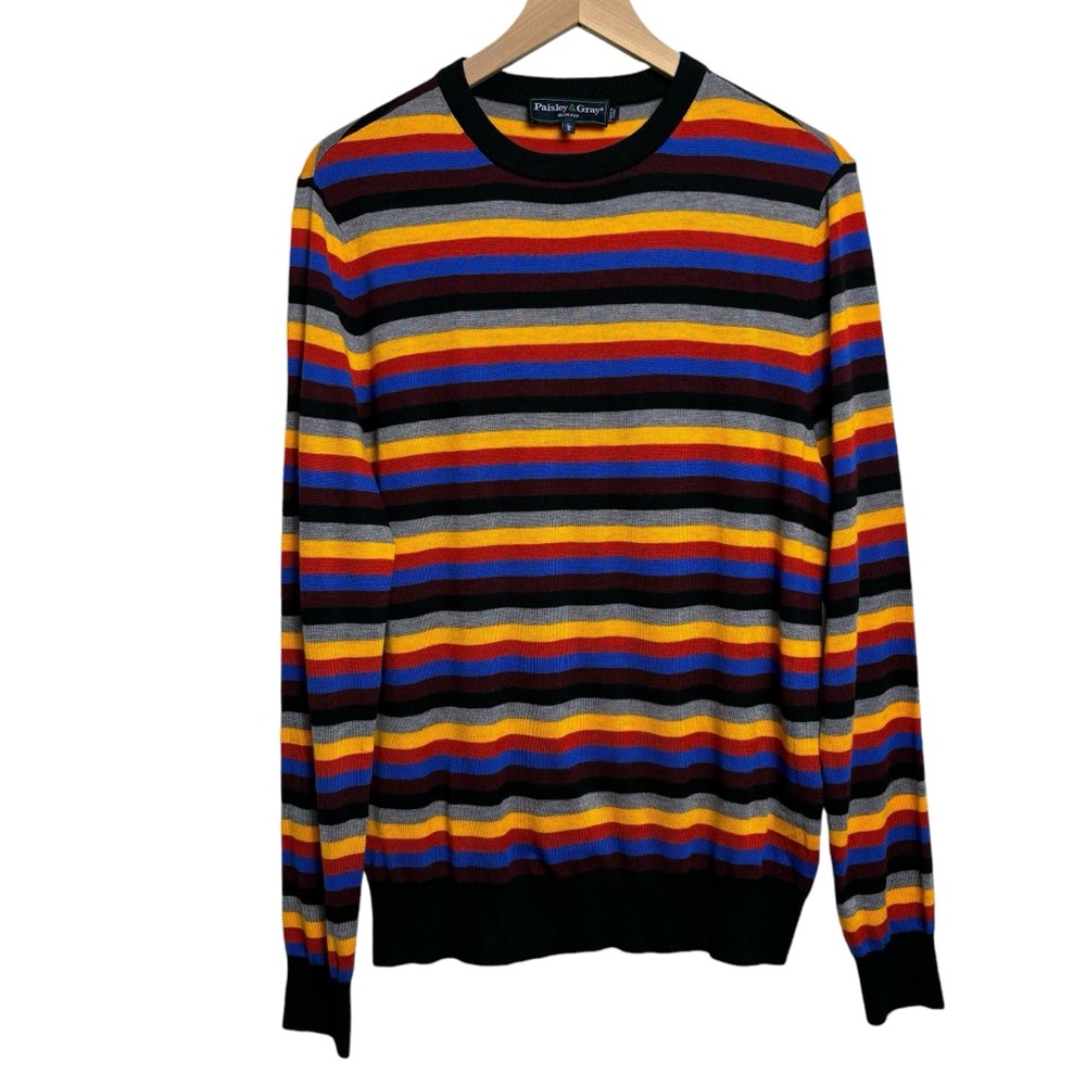 Paisley & Gray Men's Slim Fit Wool Blend Sweater Sz L Striped Crewneck Pullover